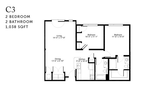 Floor plan for 2 beds, 2 baths, 1038 sqft